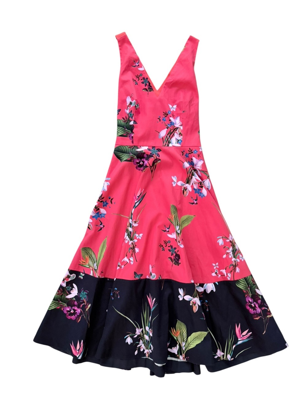 Ted Baker Esselle Tropical Floral Fit & Flare Dress Red Pink Navy Size 2